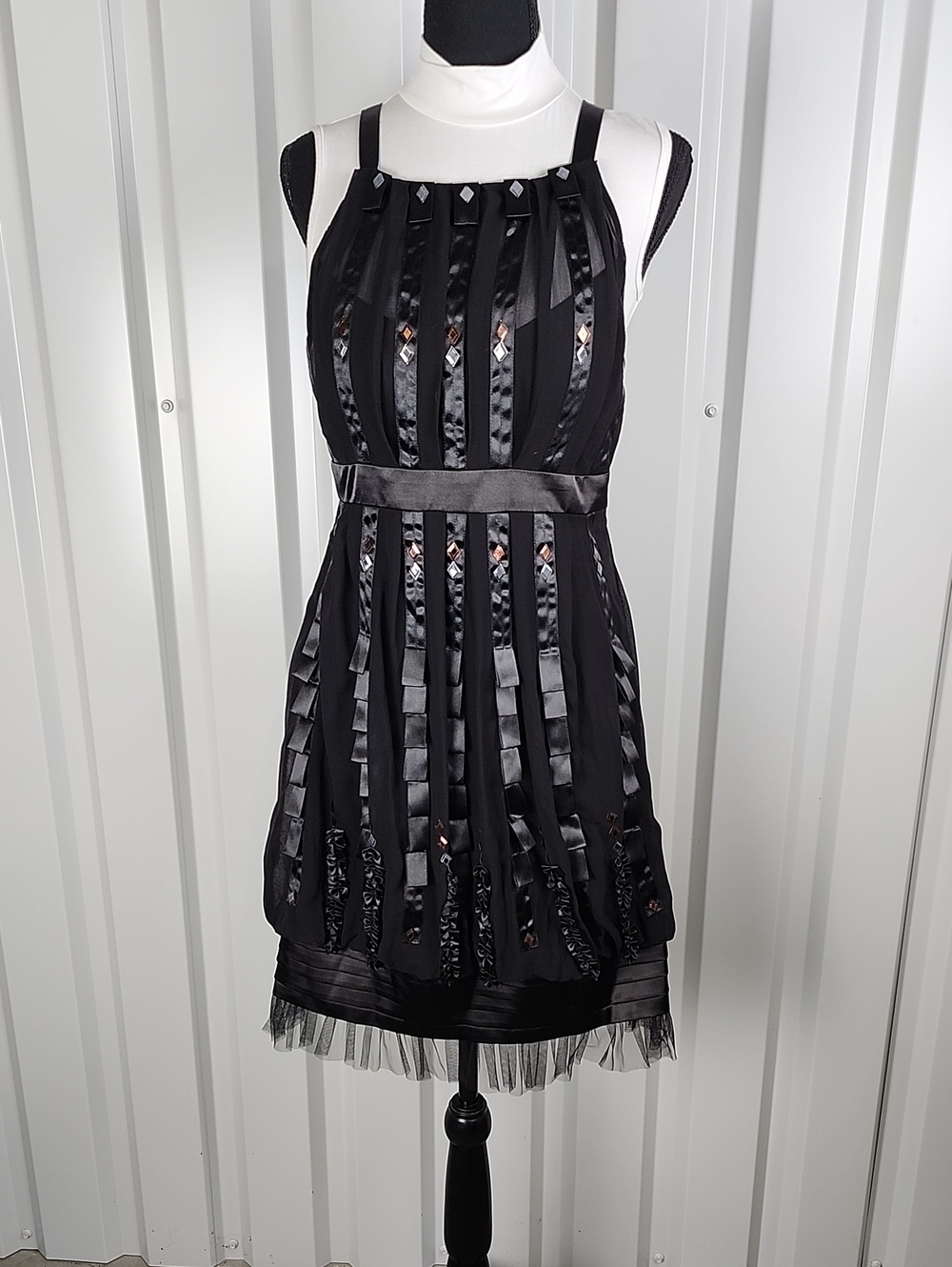 Sue Wong Black Silk Satin-Trim Mini Dress Size 8 Cross Back Straps Art Deco 20's